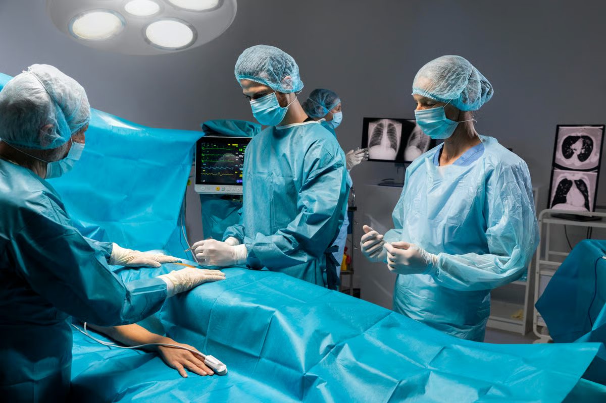 Surgical team operating in theatre